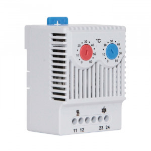 MTP-FH06, Термостат сдвоенный для электрических шкафов (щитов), биметаллический датчик, управление обогревом и вентилятором. 0…+60 гард. Ц., 1NC+1NO. Серия - MTP