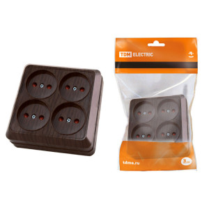 Розетка четырехместная 2П открытой установки IP20 10A с защитными шторками бук "Ладога" SQ1801-0321