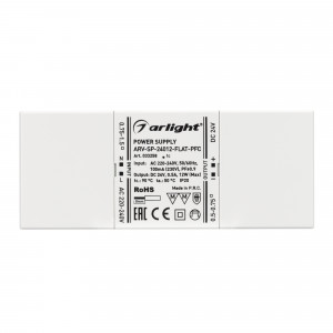 Блок питания ARV-SP-24012-FLAT-PFC (24V, 0.5A, 12W) 033258, Источник напряжения с гальванической развязкой для светодиодных изделий. Входное напряжение 220-240 VAC. Выходные параметры: 24 В, 0.5 А, 12 Вт. Встроенный PFC >0.92. Сверхтонкий пластиковый корпус IP20. Габаритные размеры длина 112 мм, ширина 46 мм, высо