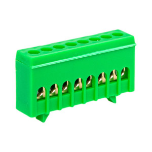 Шина "0" PE (6х9мм) 8 отверстий латунь зеленый изолированный корпус на DIN-рейку розничный стикер PROxima sn0-63-8-ig-r