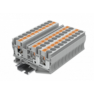Проходная клемма TP10-3-GY, Проходная клемма, 3 точки подключения, тип фиксации провода: Push-in, номинальное сечение: 10 мм кв., 57A, 1000V, ширина: 10,2 мм, цвет: серый, тип монтажа: DIN35