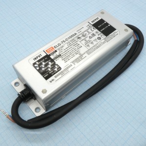 ELG-75-C1050A, AC-DC, 74.6Вт, IP65, вход 100…305В AC, 47…63Гц/142…431В DC, ККМ, выход 35…71В/1050мА, изоляция 3750В AC, в кожухе 180х63х35.5, -40…+85°С (корпус), рег. выхода