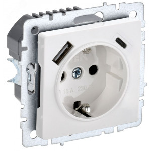 Розетка BRITE РЮш11-1-БрБ 16А с USB A+C 18Вт с заземл. защ. шторки бел. BR-R14-16-U22-018-K01