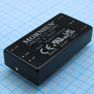 URB2415LD-20WR3, DC/DC, 20Вт, вход 9…36В, выход 15В/1.33А, изоляция 1500В DC, КПД 88…90%, максимальная емкостная нагрузка не более 1000мкФ, вход On/Off, 2x1", 50.8x25.4x11.8мм, -40…85°C, металл