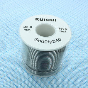 Припой SN60/PB40 2,0мм 250гр  с флюсом, Припой трубчатый ПОС-60 с канифолью, d 2,0мм, 250 г