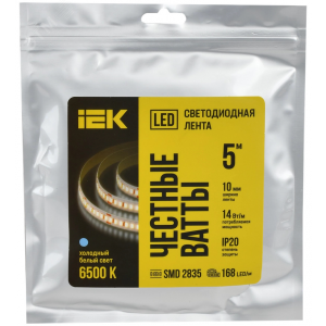 Лента светодиодная 5м SMD2835 168LED/м 14Вт/м IP20 ширина 10мм 24В холодный белый IEK LSR6-2-168-20-1-05