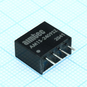 AM1S-2409SZ, DC/DC, 1Вт, вход 21.6…26.4В, выход 9В/0.112А, изоляция 1000В DC, КПД 77%, максимальная емкостная нагрузка не более 220мкФ, SIP4, 11.68x6x9.7мм, -40…85°C, пластик