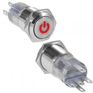 LAS2GQF-11ZDT/R/N ON-ON, Кнопка антивандальная металлическая с фиксацией с символьной красной подсветкой, 3А 250В, резьба М16