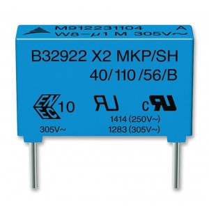 B32924C3105K189, Конденсатор пленочный помехоподавляющий X2 1мкФ 630В постоянного/305В переменного тока ±10%( 31.5 X 11 X 19мм) радиальные выводы пластиковый прямоугольный корпус