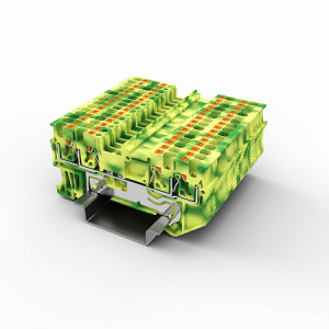 Заземляющая клемма UPT-1.5/2-2PE, Заземляющая клемма, 4 точки подключения, тип фиксации провода: Push-in, номинальное сечение: 1,5 мм кв., 500V, ширина: 3,5 мм, цвет: желто-зеленый, тип монтажа: DIN35