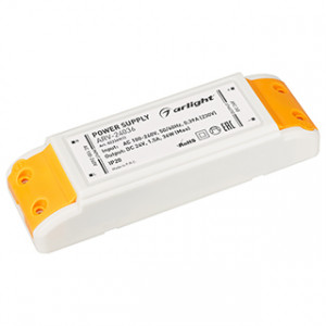 Блок питания ARV-24036 (24V, 1.5A, 36W) 022369(1), Источник напряжения с гальванической развязкой для светодиодных изделий. Входное напряжение 100-240 VAC. Выходные параметры: 24 В, 1.5 А, 36 Вт. Встроенный PFC >0.5. Негерметичный пластиковый корпус IP 20. Габаритные размеры длина 140 мм, ширина 45 мм, вы