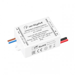 Блок питания ARPJ-SP-44180-PFC-TRIAC-MINI (8W, 22-44V, 180mA) 047586, Диммируемый источник тока по стандарту TRIAC с гальванической развязкой для светильников и мощных светодиодов. Входное напряжение 220-240 VAC. Выходные параметры: 22-44 В, 180 mА, 8 Вт. Встроенный PFC >0,9. Герметичный пластиковый корпус IP 65.