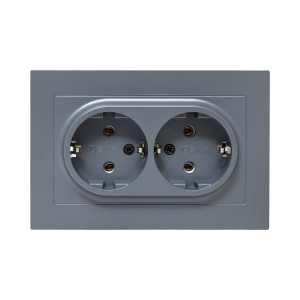 Механизм розетки двойной, 16А, с заземлением, без шторок, с рамкой, графит Эпика EKF UP1-SOG-210