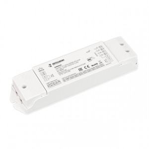 INTELLIGENT ARLIGHT Диммер SMART-CC-2042-RGBW-PD-SUF (12-48V, 4x150-500mA, 2.4G) 037420, Контроллер тока RGBW для светодиодных RGBW светильников (ШИМ). Питание 12-48VDC, выходное 3-45 VDC напряжение , ток 150-500mA на канал, 4 канала, максимальная мощность 1.8W-90W. Ток и тип источника света устанавливаются dip-переключателями. Габариты 175х4