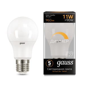Лампа Gauss LED A60-dim E27 11W 3000К диммируемая 1/10/50 (кр.10шт) [102502111-D]