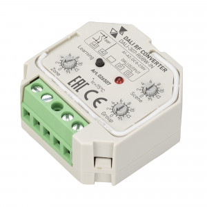 INTELLIGENT ARLIGHT Конвертер RF-сигнала DALI-307-RGBW-IN (DALI-BUS, RF, PUSH) 026507, Мультизональный RGBW-конвертер радиосигнала для шины DALI. Предназначен для использования с RGBW-пультами серии SR-1009*. Питание по шине DALI. Количество зон управления определяется используемым ПДУ. Размер 45.5x45x20.3 мм.