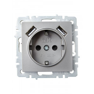 Розетка BRITE РЮш10-1-БрС 16А с USB A+A 2.1А с заземл. защ. шторки сталь BR-R14-16-U21-D21-K46
