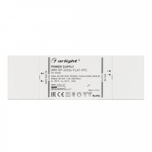 Блок питания ARV-SP-24036-FLAT-PFC (24V, 1.5A, 36W) 033260, Источник напряжения с гальванической развязкой для светодиодных изделий. Входное напряжение 220-240 VAC. Выходные параметры: 24 В, 1.5 А, 36 Вт. Встроенный PFC >0.92. Сверхтонкий пластиковый корпус IP20. Габаритные размеры длина 170 мм, ширина 57 мм, высо