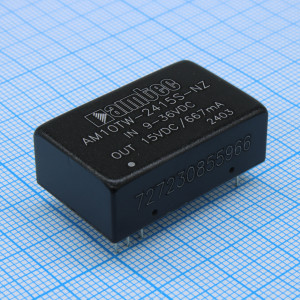 AM10TW-2415S-NZ, DC/DC преобразователь 10 Вт  вход 9~36 В  выход 15 В  0.667 А  -40~85 °С , дерейтинг при 71 °С  изоляция 1500 VDC  MTBF:1000000 ч  КПД 87 % не более 330 мкФ   DIP24,   20x32x10.8 мм  14 г   350 кГц  защита от КЗ