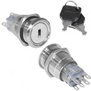 LAS1-AGQ-11Y/31/N ON-ON, Ключ-переключатель антивандального исполнения на 3 положения с фиксацией, 5А 250В, резьба М19
