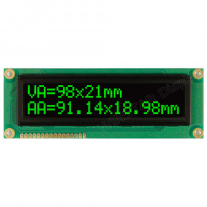 WEH001602HGPP5N00100, OLED символьный 16х2 (1602H), зеленый, 8-битный паралл. интерфейс 6800, VDD =5В, -40...+80С