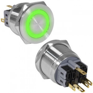 GQ25PF-11ZE/G/N ON-OFF+OFF-ON, Антивандальная кнопка металлическая с фиксацией и с кольцевой подсветкой, посадочная резьба М25, контакты под пайку