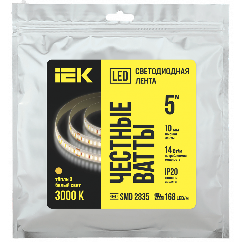 Изображение товара Светодиодная лента 5м SMD2835 168LED/м IP20 14Вт/м теплый белый IEK