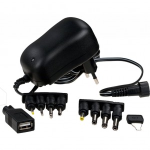 EN1000S, импульсный стабилизированный универсальный блок питания с набором разъёмов (8 сменных штекеров + Female USB), 1000мА, выходное напряжение 3/4,5/5/6/7,5/9/12В DC