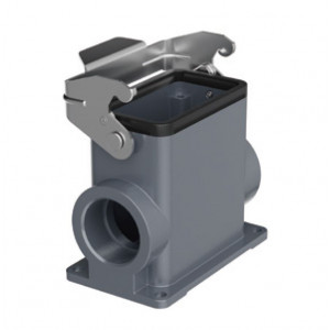 Закрытое основание разъема H10B-SMH-1L-PG16, Основание разъема на панель, закрытое, типоразмер 10B, высокое исполнение, с уплотнителем, 1 отверстие с резьбой для кабельных вводов PG16, с одной металлической защелкой, без защитной крышки, материал корпуса: алюминиевый сплав