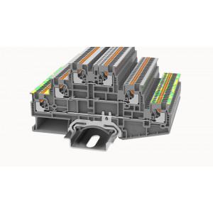 Этажная клемма DS1.5-3L-L/L/PE-01P-11-00Z(H), Этажная клемма, 3 этажа, L-L-PE, нижний ряд с заземлением, тип фиксации провода: Push-in, номинальное сечение: 1.5 мм кв., 15A, 500V, ширина: 3,5 мм, цвет: серый, тип монтажа: DIN35