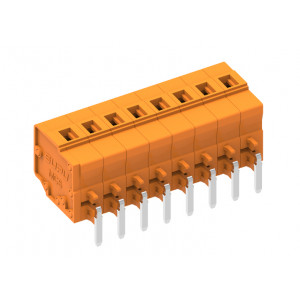 Клемма на плату 458434, Клемма, горизонтальный подвод кабеля, на плату, шаг: 5.08 мм, 4 полюса, фиксация провода пружинная, исполнение: стандартное, 320V, 12A, цвет: оранжевый