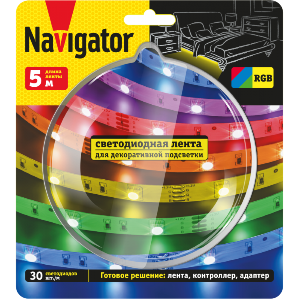 Изображение товара Лента светодиодная 95 144 NLS-SET-02 RGB 5м 30шт/м адаптер 1м IP20 Navigator 95144