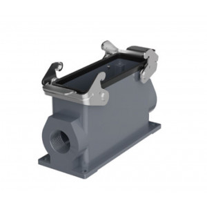 Закрытое основание разъема H24B-SMH-2L-PG21, Основание разъема на панель, закрытое, типоразмер 24B, высокое исполнение, с уплотнителем, 1 отверстие с резьбой для кабельных вводов PG21, с двумя металлическими защелками, без защитной крышки, материал корпуса: алюминиевый сплав