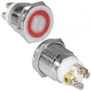 GQ19PF-10E/R/N OFF-(ON), Антивандальная кнопка металлическая без фиксации с кольцевой красной подсветкой, посадочная резьба М19, контакты под винт