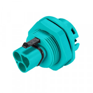 Вилочный разъем в панель 96.032.1053.6, Вилочный разъем в панель, М25, 3 полюса, тип фиксации провода: пружинный, номинальные характеристики: 250/400V, 20A, цвет гайки: черный, цвет контактной вставки: бирюзовый, серия RST Classic