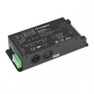 Декодер SMART-K35-DMX-SUF (12-36V, 3x10A, XLR3) 028408, Декодер DMX512 для трансляции DMX512 сигнала ШИМ(PWM) устройствам. Питание 12-36VDC. 3 канала, ток нагрузки 3x10A, мощность нагрузки 330-1080W. Входной сигнал DMX512, выходной сигнал ШИМ(PWM). XLR3 разъем подключения. Размер 165x70x38 мм.