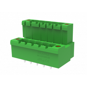 Вилочный разъем на плату MC-DPAB5.08V32-F-0001, Вилочный разъем, 2 этажа, вертикальный, на плату, шаг: 5.08 мм, 32х2 полюса, фиксация на плате пайкой, исполнение: с монтажными фланцами, 160V, 8A, цвет: зеленый
