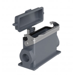 Закрытое основание разъема H24B-SMH-1L-PC-M25, Основание разъема на панель, закрытое, типоразмер 24B, высокое исполнение, с уплотнителем, 1 отверстие с резьбой для кабельных вводов M25x1,5, с одной металлической защелкой, с пластиковой защитной крышкой, материал корпуса: алюминиевый сплав