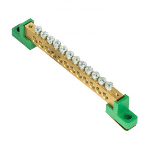 Шина "0" PE 8x12мм 12 отверстий латунь с контактной пластиной 2 зелёных угловых изолятора PROxima sn0-125-12-2-pe