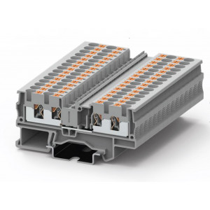 Проходная клемма PTP2.5-4-GY, Проходная клемма,4 точки подключения, тип фиксации провода: Push-in, номинальное сечение: 2,5 мм кв., 24A, 800V, ширина: 5,2 мм, цвет: серый, тип монтажа: DIN35