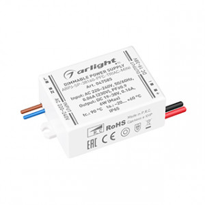 Блок питания ARPJ-SP-38160-PFC-TRIAC-MINI (6W, 19-38V, 160mA) 047585, Диммируемый источник тока по стандарту TRIAC с гальванической развязкой для светильников и мощных светодиодов. Входное напряжение 220-240 VAC. Выходные параметры: 19-38 В, 160 mА, 6 Вт. Встроенный PFC >0,9. Герметичный пластиковый корпус IP 65.