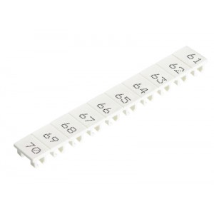 Маркировка для клемм (полоска) 9705A/8/10 B 61- 70, Маркировочные шильдики, для клемм сечением 6 мм.кв., боковая / верхняя, 10 шильдиков, нанесенные символы: 61...70, с горизонтальным расположением, размер шильдика: 5,75 x 8,3 мм, цвет: белый