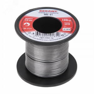 Припой ПОС-61   1.0мм  100 гр. катушка, Припой проволочный без канифоли REXANT (олово 61%, свинец 39%), катушка