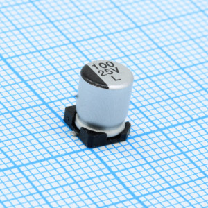 ELV101M25RC8, Конденсатор алюминиевый электролитический 100мкФ 25В ±20% (6.3х7.7мм) для поверхностного монтажа 109мА 2000час 85°С лента на катушке