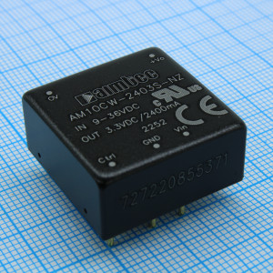 AM10CW-2403S-NZ, DC/DC, 10Вт, вход 9…36В, выход 3.3В/2.4А, изоляция 1500В DC, КПД 79%, максимальная емкостная нагрузка не более 2200мкФ, вход On/Off, 1x1", 25.4x25.4x11.7мм, -40…85°C, металл