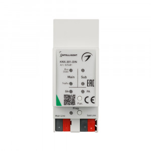 INTELLIGENT ARLIGHT Шинный соединитель KNX-301-DIN (BUS) 025681, Шинный соединитель KNX-KNX, для интеграции нескольких частей инсталляции. Встроенный фильтр телеграмм. Питание от шины, напряжение DC 20-30V. Размер 90х36х64 мм.