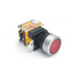 DT22M-FR11/RD, Кнопка управления в сборе, без фиксации, 24 - 380 VAC / DC, 0,6 - 10 A, без подсветки, низкая, 1NO1NC, цвет: красный, диаметр отверстия: 22 мм, металлическая обойма кнопки