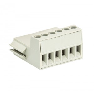 Клемма Wiecon DSTLF85/ 6, Клемма для торцевого подключения к печатной плате, подвод кабеля сбоку, шаг: 3.5 мм, 6 полюсов, фиксация провода винтовая, исполнение: с маркировкой, 125V, 6A цвет: серый