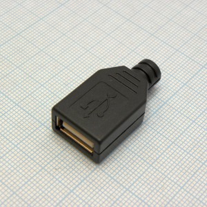 USB AF пласт кожух каб., Разъем USB тип А, розетка на кабель с пласт. кожухом