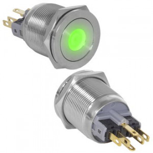 GQ22PF-11ZD/G/N ON-OFF+OFF-ON, Антивандальная кнопка металлическая с фиксацией, посадочная резьба М22, контакты под пайку, с точечной подсветкой